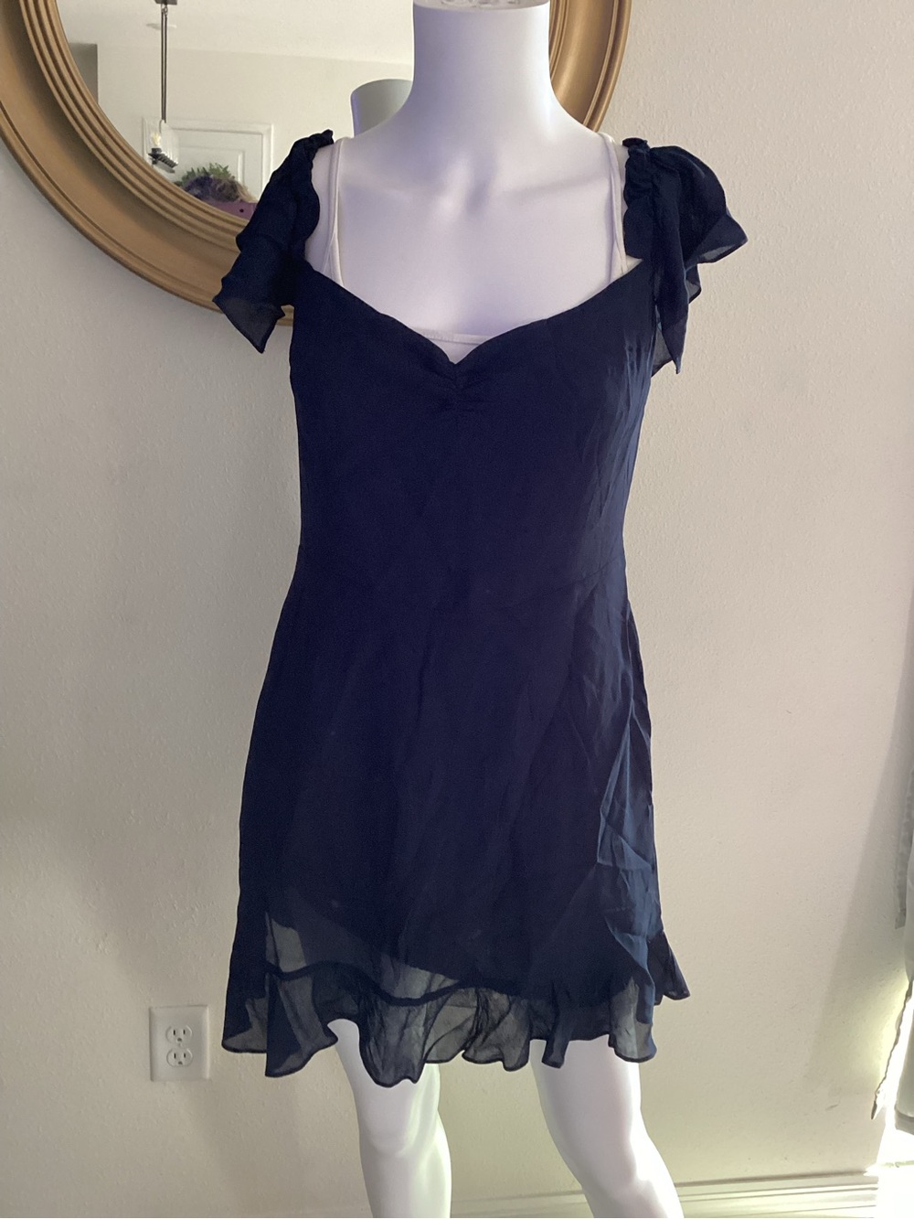 Reformation Navy Ruffle Sleeve Mini Dress Women Size 10 Sweetheart Neck Chiffon